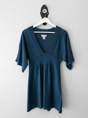 JJ Always Wool Blend Sweater Dress Medium Teal Empire Waist Boho Knit Dress